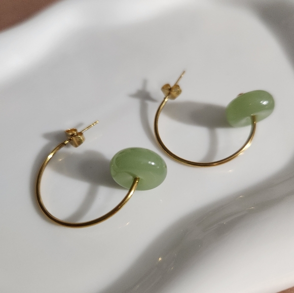 Gold Hoop Earrings with Jade - Picture 2 of 5
